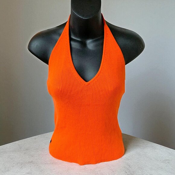 RALPH Ralph‎ Lauren Y2K Tangerine Knit Tie CROPPED Halter Top - Picture 1 of 8